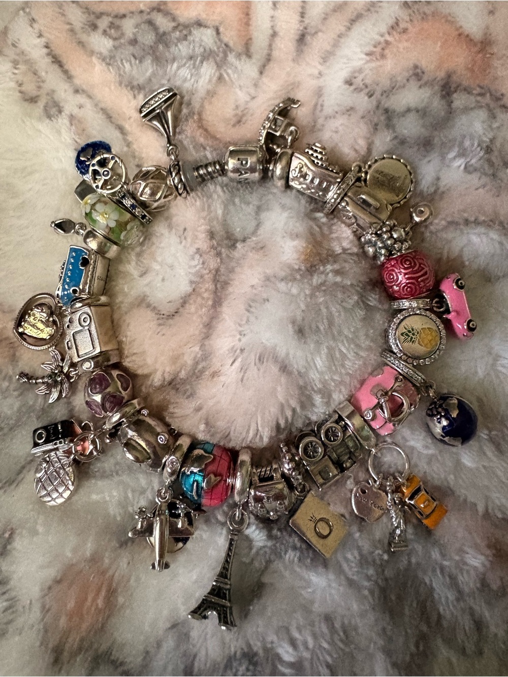 Pandora bracelet with travel theme charms